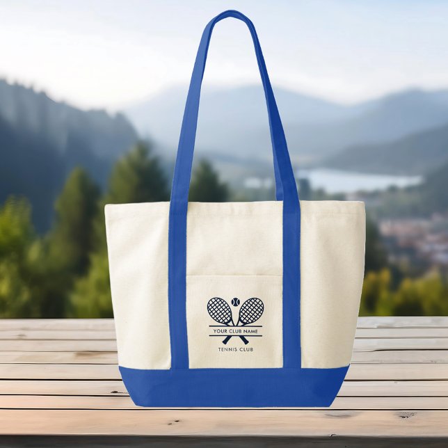 Club Name Tennis Team Swag Navy Blue hinzufügen Tragetasche (Lawn Tennis Club Rackets Motif Custom Blue Handles Large Tote Bag)