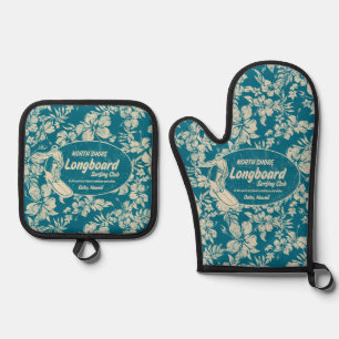 Clubsurfing Longboard Logo Hibiskus Hawaiian Aquam Ofenhandschuh & Topflappen-Set