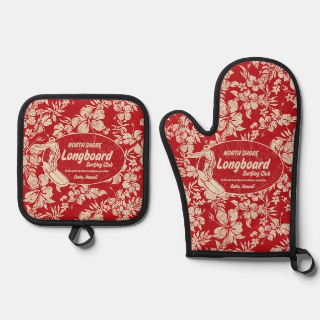 Clubsurfing Longboard Logo Hibiskus Hawaiian Red Ofenhandschuh & Topflappen-Set (Vorderseite)