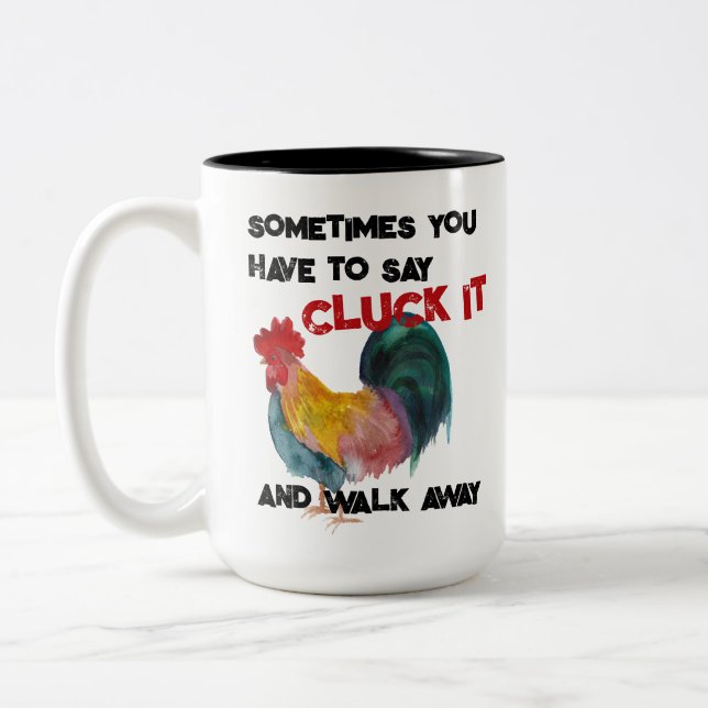 Cluck It Funny Funny Farm Rooster Zweifarbige Tasse (Links)