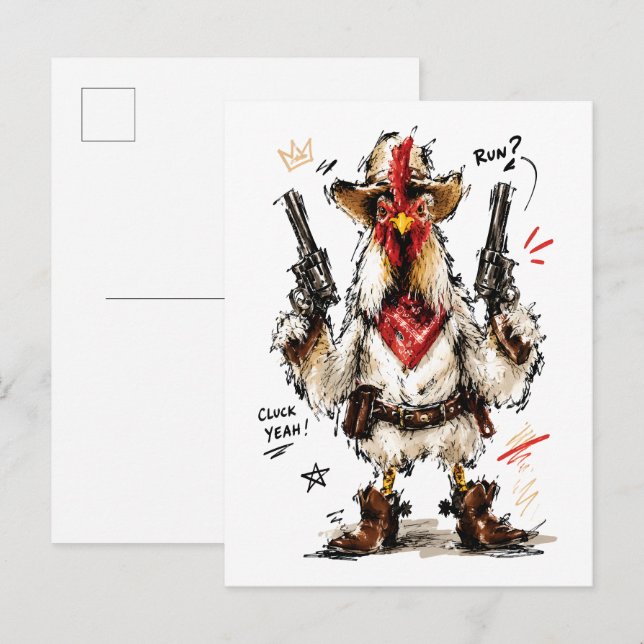 Cluck Yeah! Cowboy-Hahn mit Pistolen Postkarte (Vorne/Hinten)