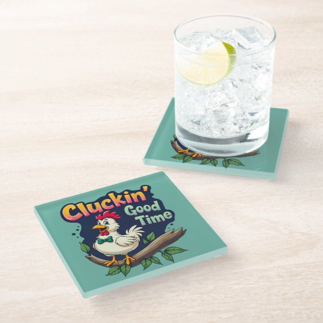 Cluckin' Good Time Funny Chicken Illustration Glasuntersetzer (Schrägansicht)