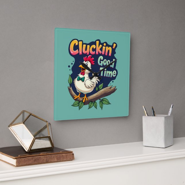 Cluckin' Good Time Funny Chicken Illustration Quadratische Wanduhr (Büro)