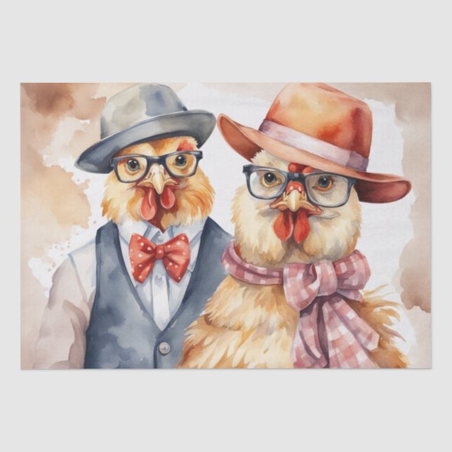 Clucky Couture: Modische Fowl in Decoupage Seidenpapier (Vorderseite)