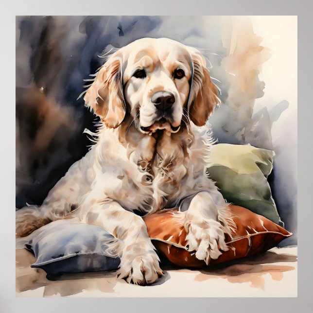 Clumber Spaniel Lounges auf Kissen Ink Portrait Poster (Vorne)