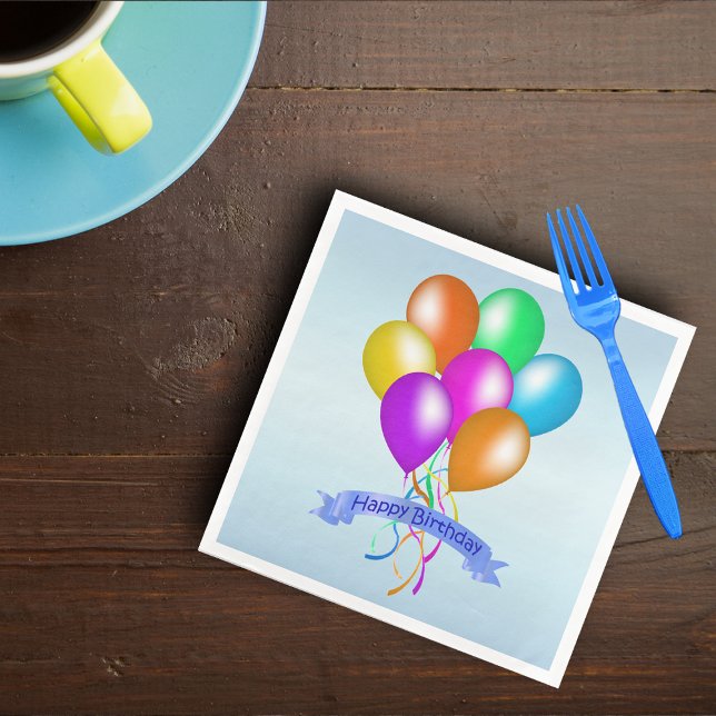 Cluster Bright farbenfrohe Balloons glücklich Gebu Serviette (Bunch bright festive colourful balloons streamer Happy Birthday Banner on blue paper party napkins.)