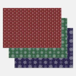 Cluster von Schneeflocken auf Deep Red, Green und Geschenkpapier Set