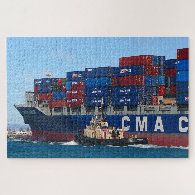 CMA CGM Lavendel Containerschiff und Schlepper Puzzle (Horizontal)