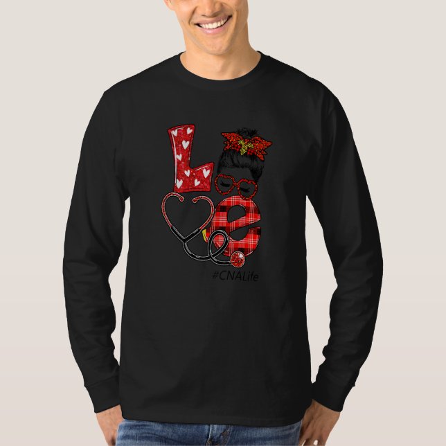 Cna Nurse Kariert Red Leopard Liebe Heart Messy Bu T-Shirt (Vorderseite)