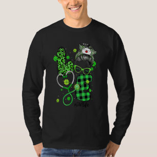 Cna Nurse Life Messy Bun Leopard Kariert Irish St T-Shirt