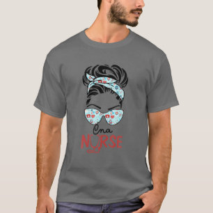 CNA Nurse Messy Bun Liebe Herz Stethoscope RN Nurs T-Shirt
