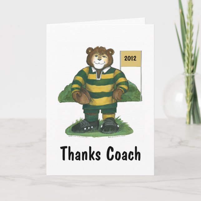 Coach Dankeschön Card, Rugby Bear in Grün und Gold Dankeskarte (Vorderseite)