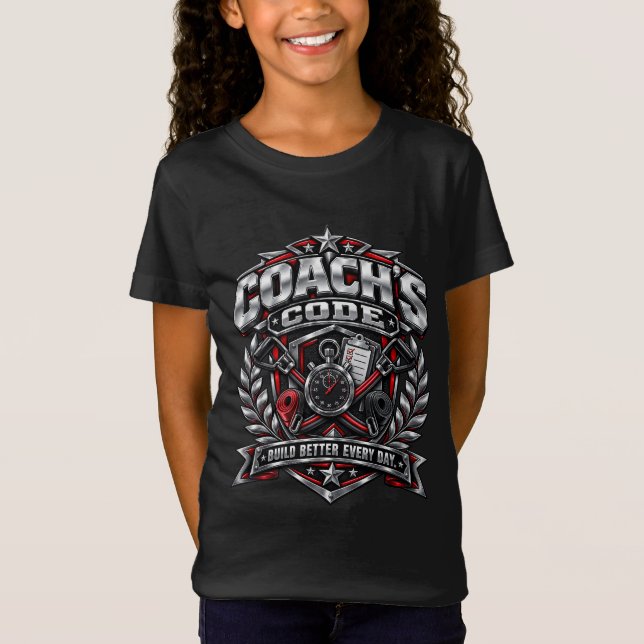 Coach's Code Metallic Fitness Emblem Logo Design T-Shirt (Vorderseite)