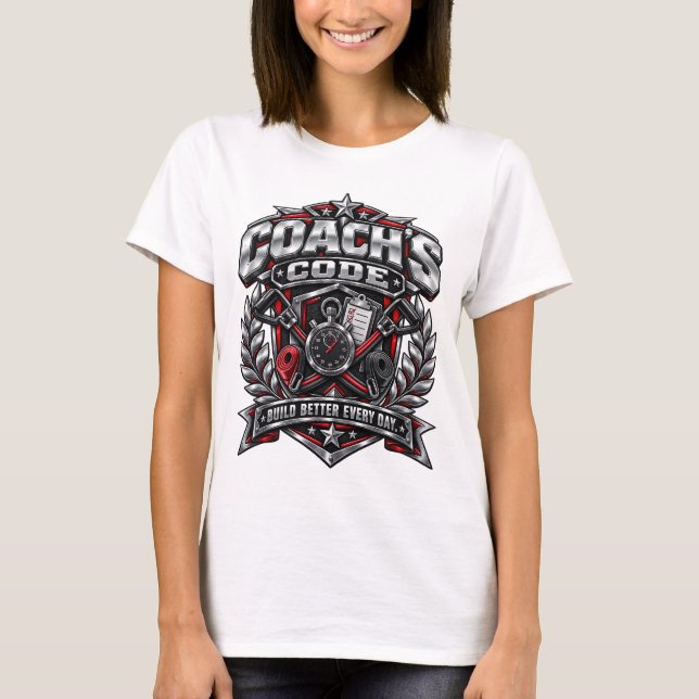 Coach's Code Metallic Fitness Emblem Logo Design T-Shirt (Vorderseite)
