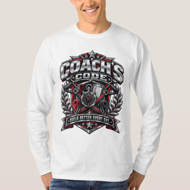 Coach's Code Metallic Fitness Emblem Logo Design T-Shirt (Vorderseite)