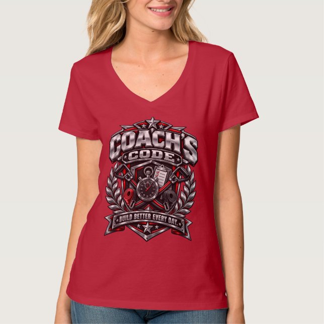 Coach's Code Metallic Fitness Emblem Logo Design T-Shirt (Vorderseite)