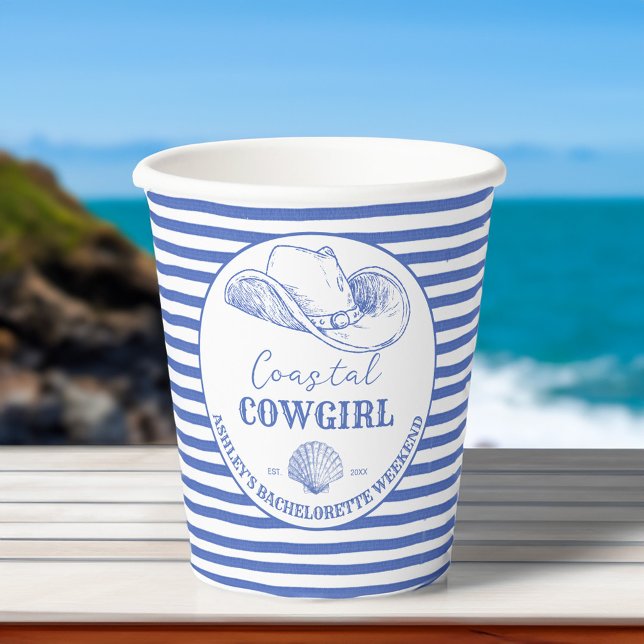 Coast Cowgirl Bachelorette Tischdekor bedruckt Pappbecher (Coastal cowgirl bachelorette party personalized table decor printed paper cups blue stripped cups)
