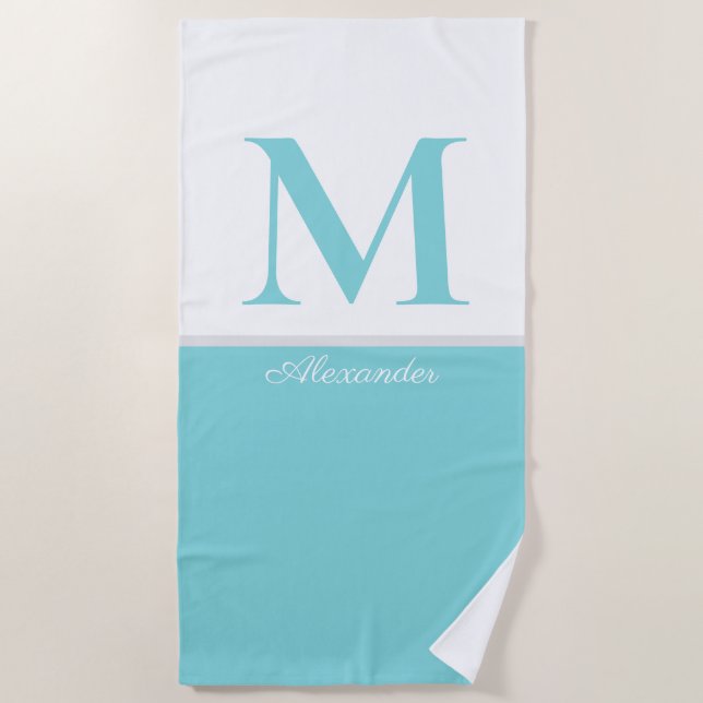 Coasta Modern Blue Aquamarin White Monogram Strandtuch (Vorderseite)