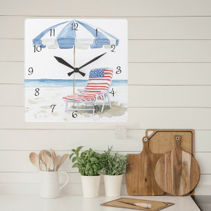 Coastal Americana Watercolor Beach Summer Quadratische Wanduhr