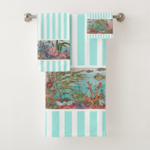 Coastal Aqua Stripe Meereswelt Vintag Beach House Badhandtuch Set