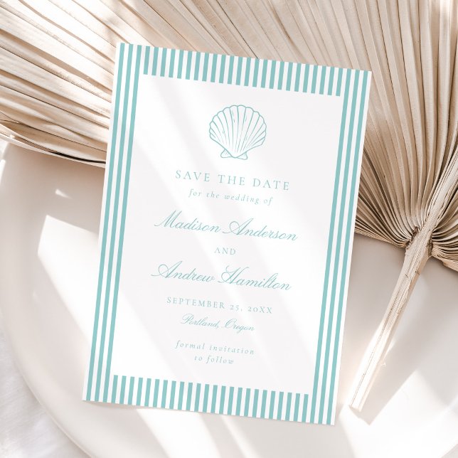 Coastal Aqua Stripe Shell Wedding Save the Date (Von Creator hochgeladen)