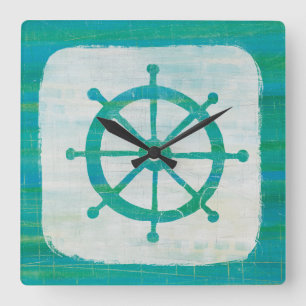 Coastal Art   Aqua Steering Wheel Quadratische Wanduhr