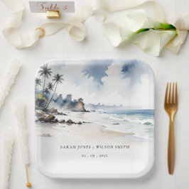 Coastal Bali Beach Palm Tree Hochzeit Wasserfarbe Pappteller