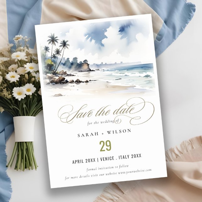 Coastal Bali Beach Palm Tree Hochzeit Wasserfarbe Save The Date (Von Creator hochgeladen)