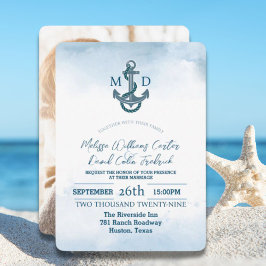 Coastal Beach Blue Anchor Nautical Foto Hochzeit Einladung