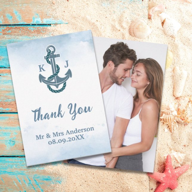 Coastal Beach Blue Anchor Nautical Wedding Foto Dankeskarte (Coastal Beach Blue Anchor Nautical Wedding Photo Thank You Card)