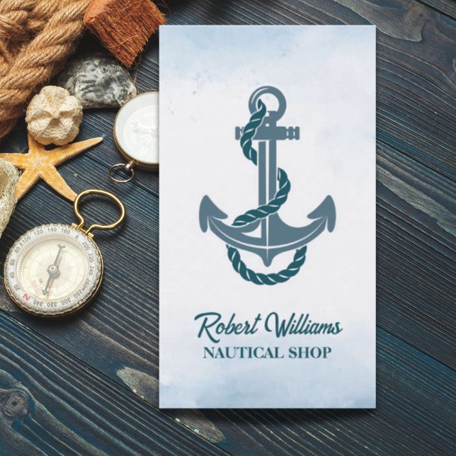 Coastal Beach Blue Watercolor Ship Anchor Nautical Visitenkarte (Coastal Beach Blue Watercolor Ship Anchor Nautical Business Card)