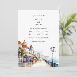 Coastal Beach Boardwalk Stadt Hochzeit Szene Einladung