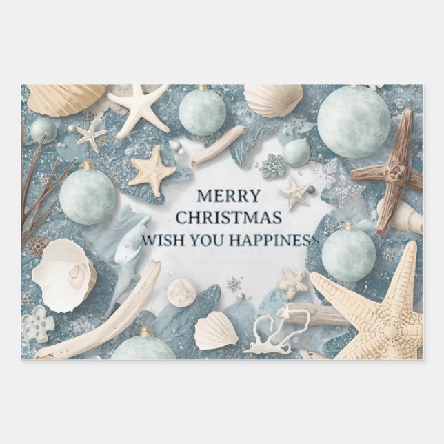 Coastal Beach Christmas – Seashell & Ocean Inspire Geschenkpapier Set (Vorderseite)