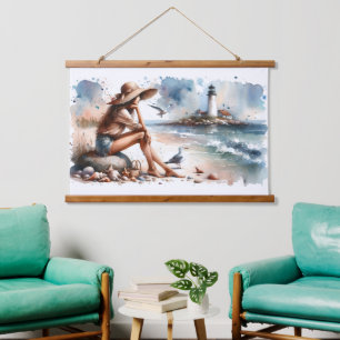 Coastal Beach Girl & Lighthouse Wandteppich Mit Holzrahmen