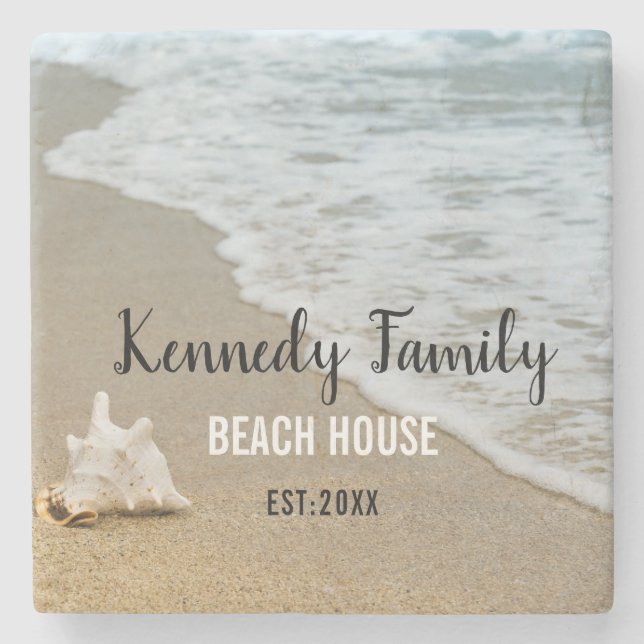 Coastal Beach House Familienname Personalisiert Steinuntersetzer (Vorderseite)