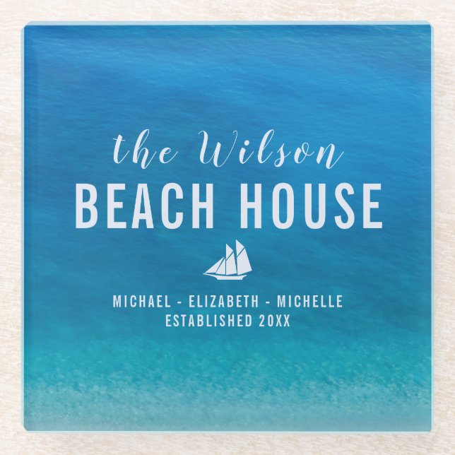 Coastal "Beach House" Ihr Name Typografie-Unterset Glasuntersetzer (Vorderseite)