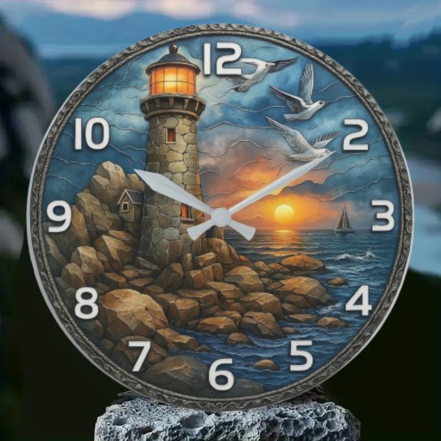 Coastal beach house Lighthouse nautical sunset Große Wanduhr (Von Creator hochgeladen)