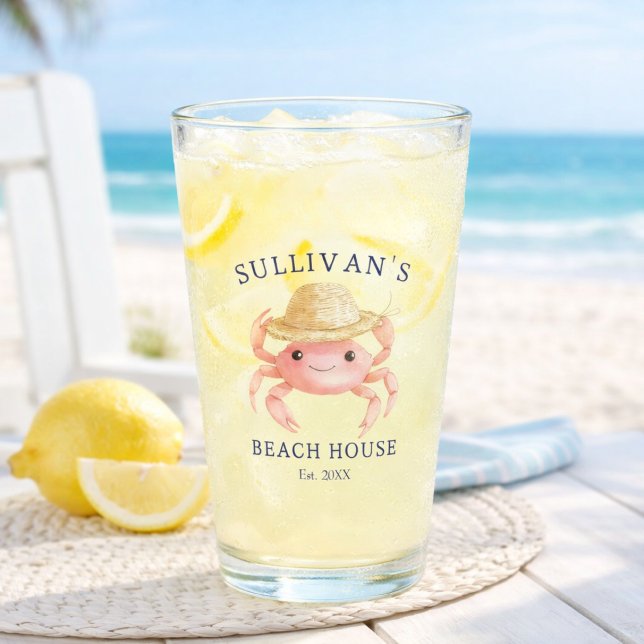 Coastal Beach House Pink Crab Blue Family Name Glas (Von Creator hochgeladen)