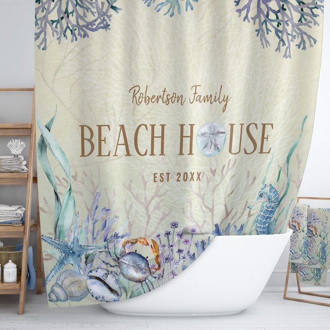 Coastal Beach House Sea Life Familienname Duschvorhang (Von Creator hochgeladen)