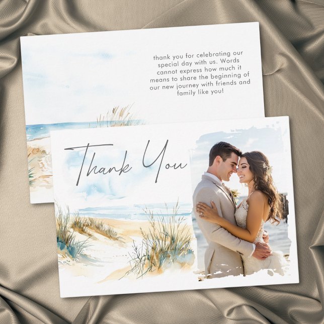 Coastal Beach Modern Watercolor Photo Wedding Dankeskarte (Coastal Beach Modern Watercolor Photo Wedding Thank You Card)