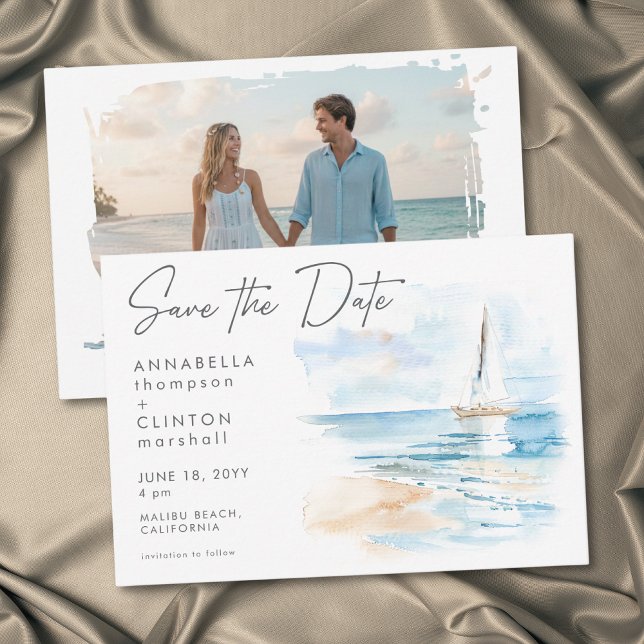 Coastal Beach Modern Watercolor Wedding Photo Save The Date (Coastal Beach Modern Watercolor Wedding Photo Save The Date)