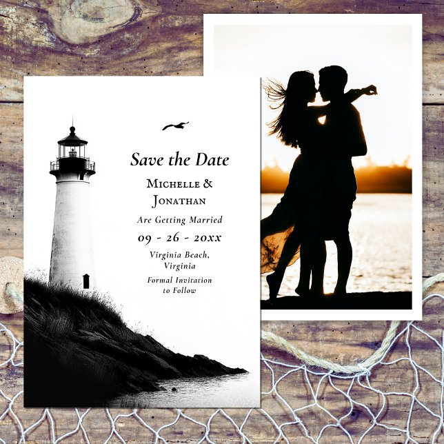 Coastal Beach Nautical Lighthouse Foto Wedding Save The Date (Coastal Beach Nautical Lighthouse Photo Wedding Save The Date)
