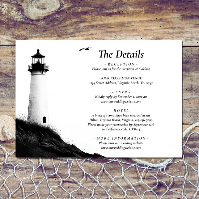Coastal Beach Nautical Lighthouse Hochzeitsdetails Begleitkarte (Front - Coastal Beach Nautical Lighthouse Wedding Details Enclosure Card)