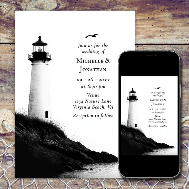 Coastal Beach Nautical Lighthouse Wedding Einladung (Coastal Beach Nautical Lighthouse Wedding Invitation)