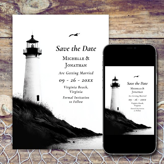 Coastal Beach Nautical Lighthouse Wedding Save The Date (Coastal Beach Nautical Lighthouse Wedding Save The Date)