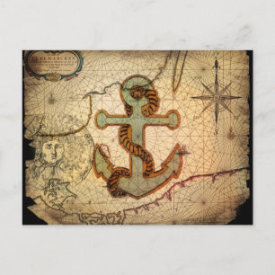 Coastal Beach Nautical Map Vintag Anchor Postkarte