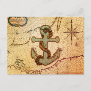 Coastal Beach Nautical Map Vintag Anchor Postkarte