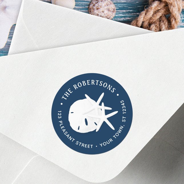 Coastal Beach Navy Blue Round Rücksendeadresse Runder Aufkleber (Von Creator hochgeladen)