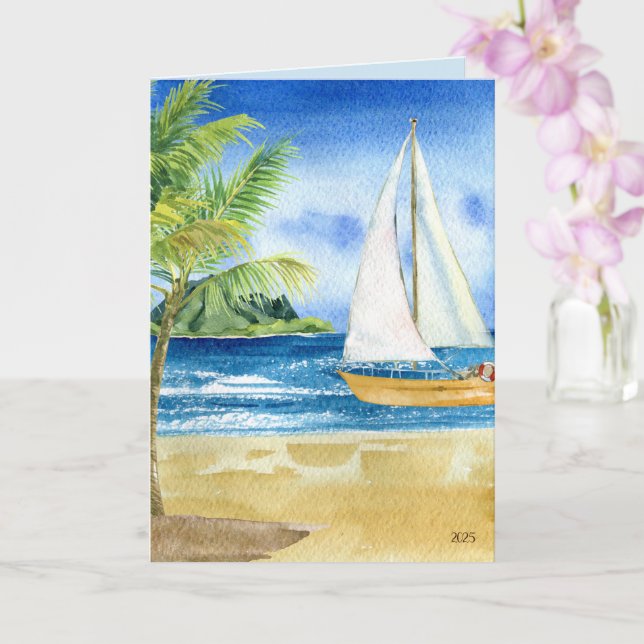 Coastal Beach Ocean Scene mit Sailboat Card Karte (Orchidee)