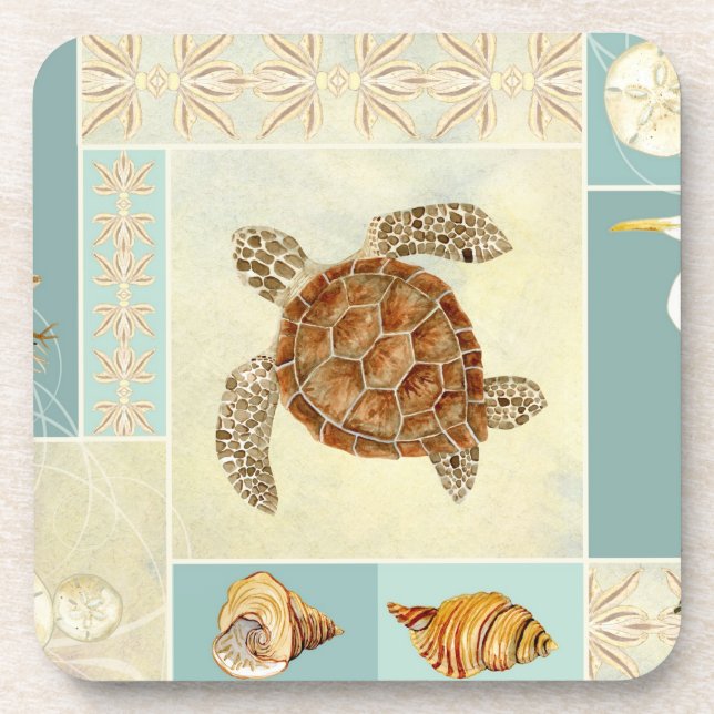 Coastal Beach Ocean Seashore Collage Sea Turtle Untersetzer (Vorderseite)